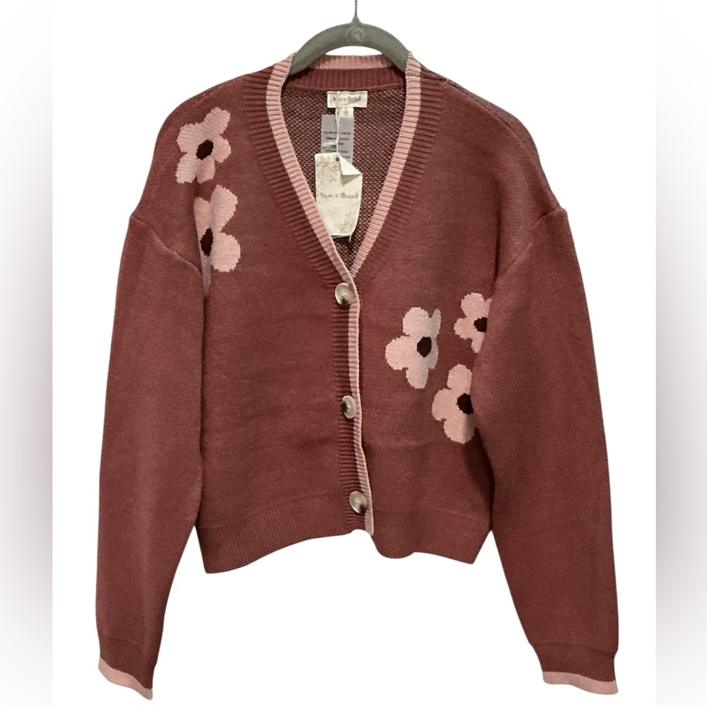 HEM & THREAD Flower Boxy Cardigan L 22” p2p Terra Rose $50 Retail NWT - Picture 2 of 13